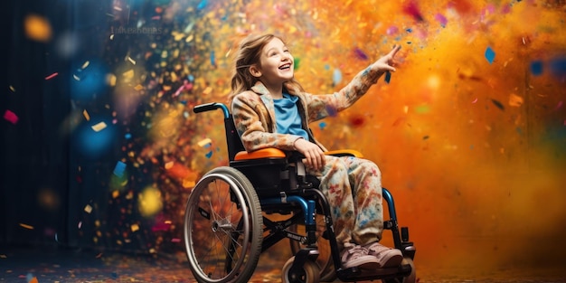 happy disabled girl in a wheelchair enjoying the festival of colors Day of Persons with Disabilities banner quality