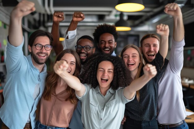 Photo happy diverse business team at corporate training