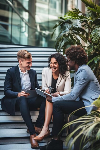 Photo happy diverse businesspeople discussing over a laptop on the stairs at office