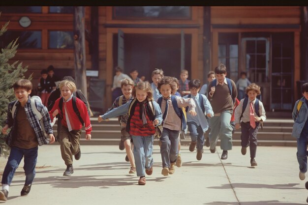 Bambini felici e diversi che fuggono dalla scuola dopo aver finito le lezioni