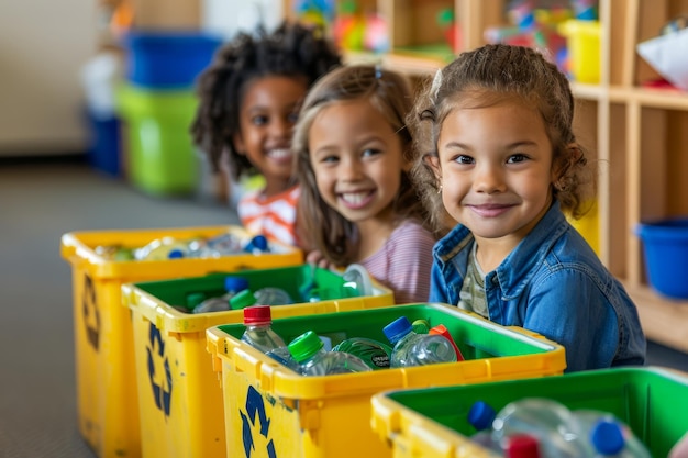 Foto bambini felici e diversi che sorridono in classe con scatole colorate di giocattoli educativi