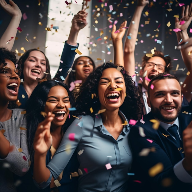 Foto team di dipendenti diversi e felici che celebrano il successo