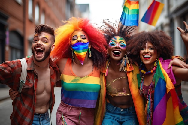 Happy diverse friends standing on street near with LGBT flags