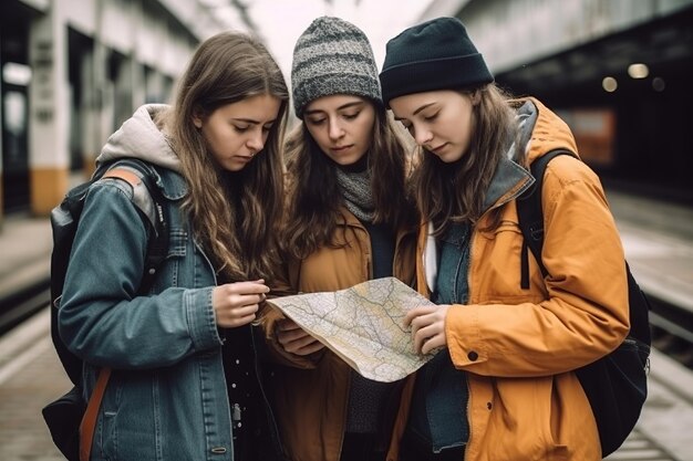 Photo happy diverse girls with map on street