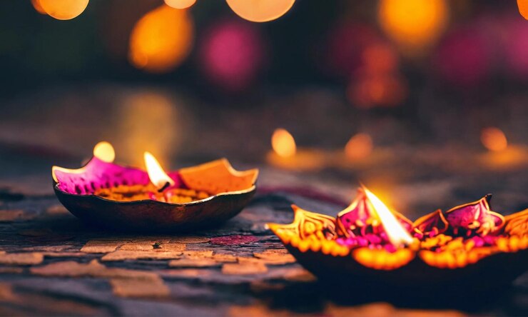 Photo happy diwali background clay diya lamps lit during diwali festival hindu pooja concept background