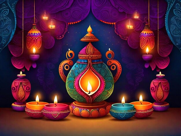 Photo happy diwali background colorful lamp with candle