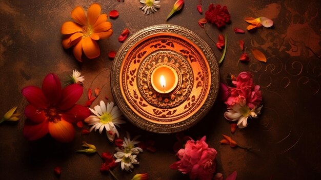 Happy Diwali background with beautiful Diya and flowers