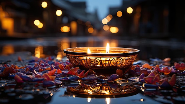 happy diwali background with burning candles dark and blurred background