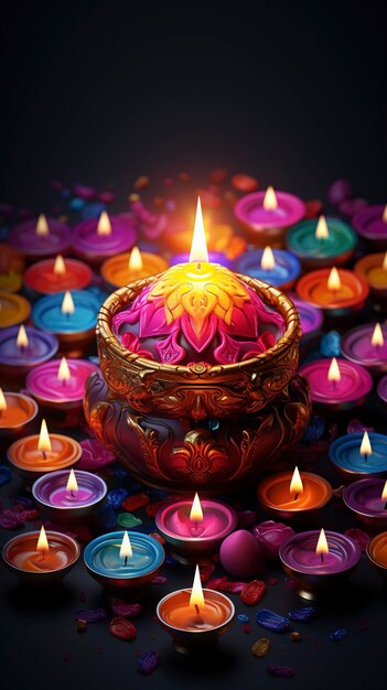 Happy Diwali background with festival of lights colorful banner template design decorative diya lamp