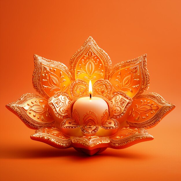 Happy Diwali beautiful Diya on isolated orange background