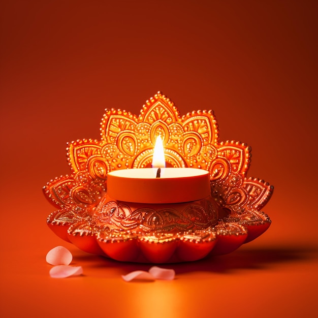 Happy Diwali beautiful Diya on isolated orange background