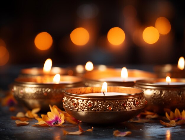 Happy Diwali Burning diya oil lamps Traditional Indian festival of light Generated by AI