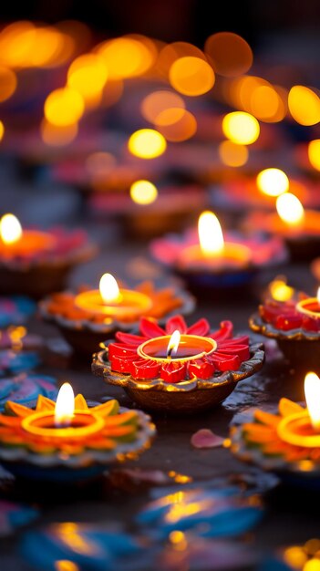 Happy Diwali Burning diya oil lamps Traditional symbols of Indian festival