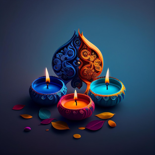 A happy Diwali candles in various colors on a blue background