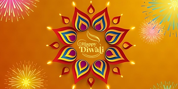 Photo happy diwali celebration greeting card design with illuminated oil lamps