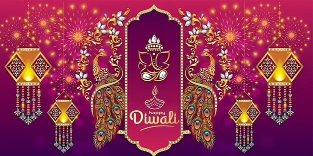 Photo happy diwali celebration greeting card design with illuminated oil lamps