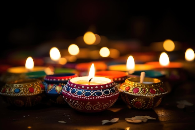 Happy Diwali Clay Diya lamps during Diwali celebration Hindu festival of lights celebration