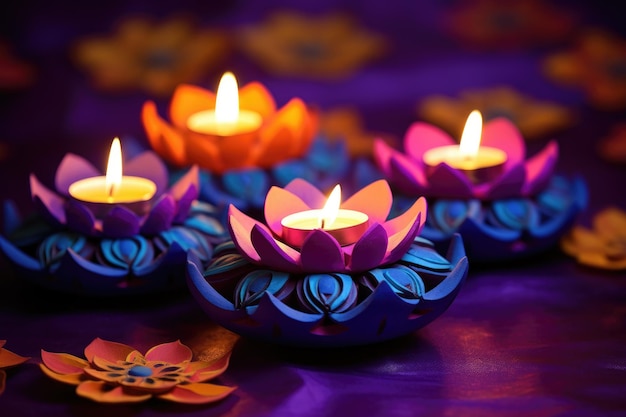 Happy Diwali Clay Diya lamps during Diwali celebration Hindu festival of lights celebration