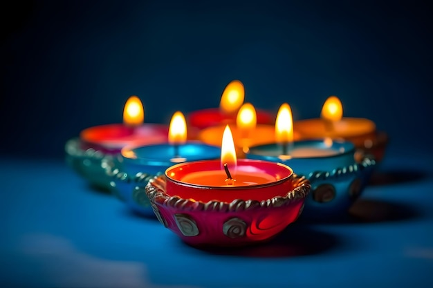 Лампы Happy Diwali Clay Diya зажжены на синем фоне во время празднования Дивали Нейронная сеть, сгенерированная в мае 2023 года Не основана на какой-либо реальной сцене или образце