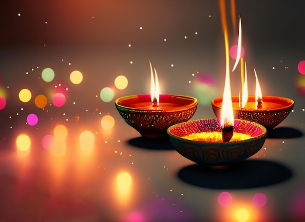 Happy Diwali Clay Diya lamps lit during Dipavali Hindu festival of lights celebration