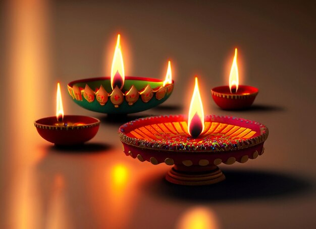 Happy Diwali Clay Diya lamps lit during Dipavali Hindu festival of lights celebration