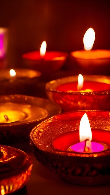 Happy diwali clay diya lamps lit during dipavali hindu festival of lights celebration