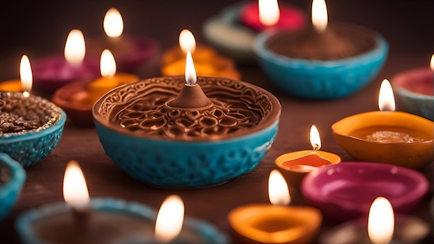 디왈리 축하 기간 동안 해피 디왈리 클레이 디야(Happy Diwali Clay Diya) 램프가 켜져 있습니다.