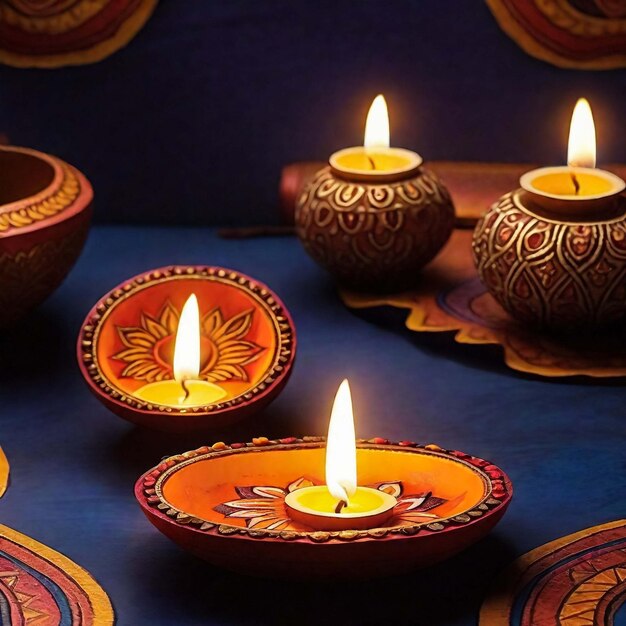 Happy Diwali Clay Diya lamps lit during Diwali Hindu festival of lights celebration Colorful tra