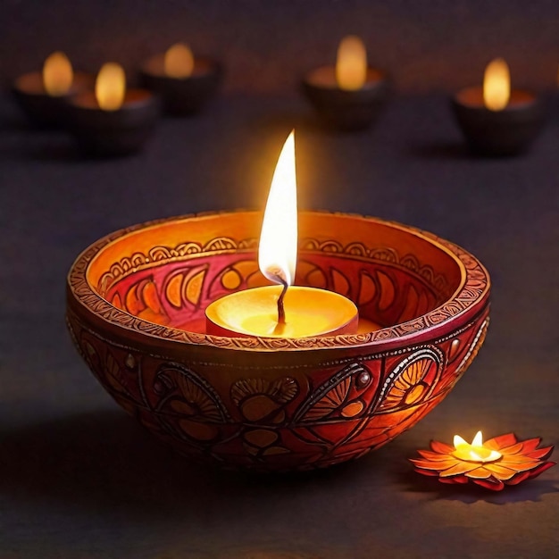 Happy Diwali Clay Diya lamps lit during Diwali Hindu festival of lights celebration Colorful tra