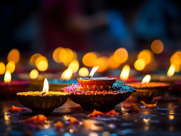 행복한 디발리 클레이 디야 램프는 디발리 힌두교의 빛의 축제 동안 밝습니다. 다채로운 기름 램프