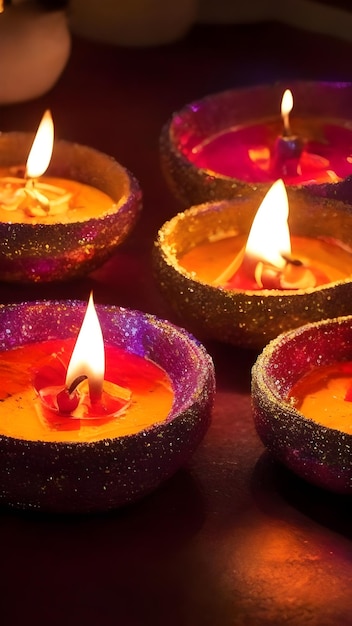 Photo happy diwali clay diya lamps lit during dipavali hindu festival of lights celebration