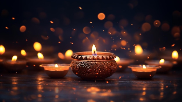 Photo happy diwali clay diya lamps lit during dipavali hindu festival of lights celebration