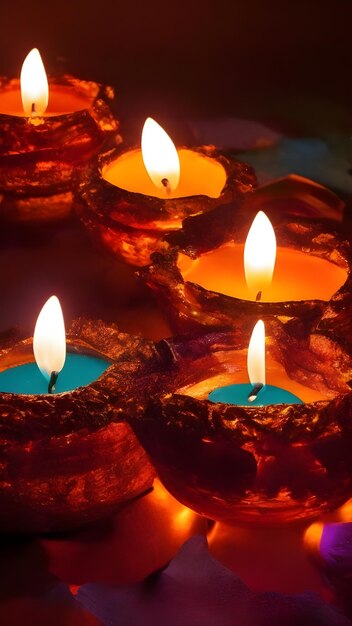 Photo happy diwali clay diya lamps lit during diwali celebration