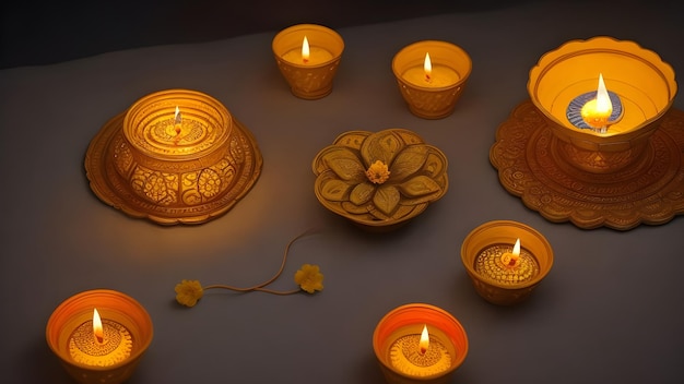 写真 ハッピー・ディワリ 粘土のダイアランプがディワリの祝いで点灯します