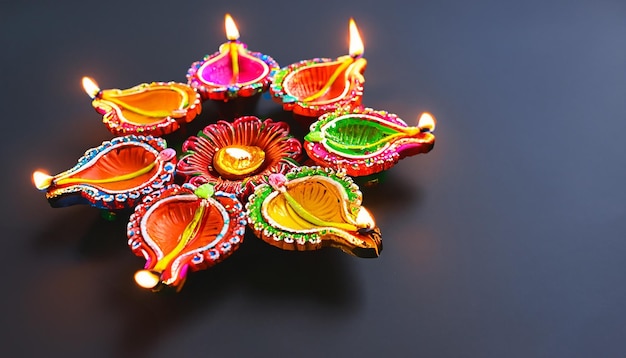 Happy diwali clay diya lamps lit during diwali hindu festival of lights celebration