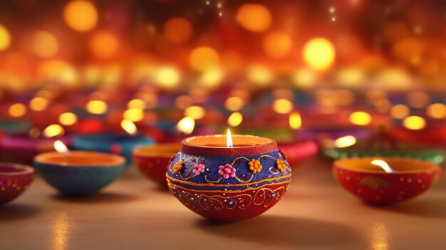 Happy Diwali 다채로운 점토 디야 램프가 디왈리 축제 기간 동안 켜짐 Generative AI