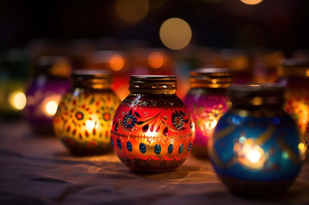 Happy Diwali Colorful clay diya lamps lit during diwali celebration with copy space