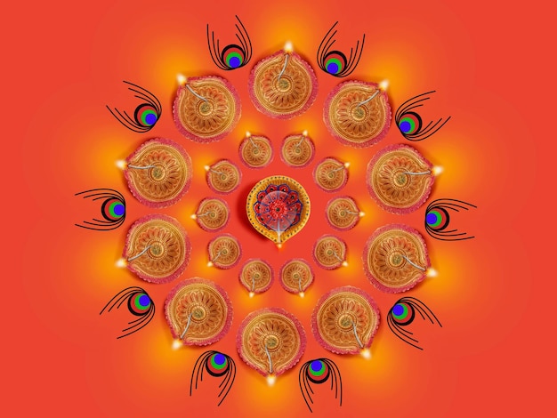 Happy Diwali Colorful clay diya lamps lit during diwali celebration