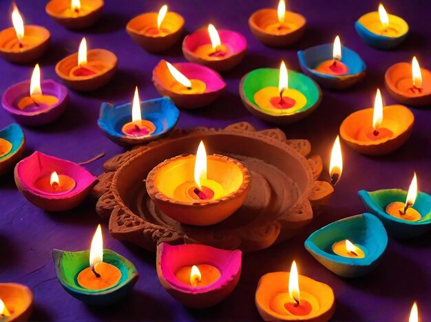 Happy diwali colorful clay diya lamps lit during diwali celebration generated by ai