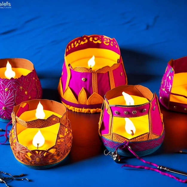 Happy Diwali Colorful diya lamps lit candles during the Diwali celebration