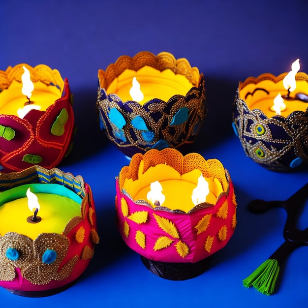 Happy Diwali Colorful diya lamps lit candles during the Diwali celebration