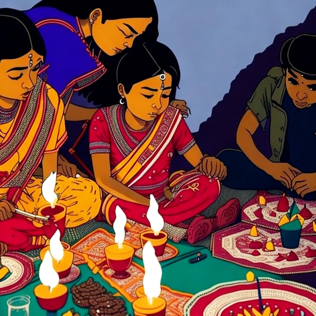 Happy Diwali Colorful diya lamps lit candles during the Diwali celebration