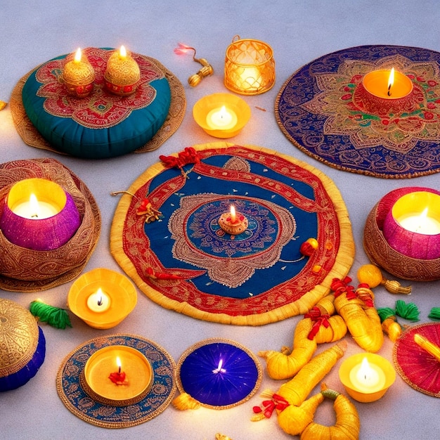 Happy Diwali Colorful diya lamps lit candles during the Diwali celebration