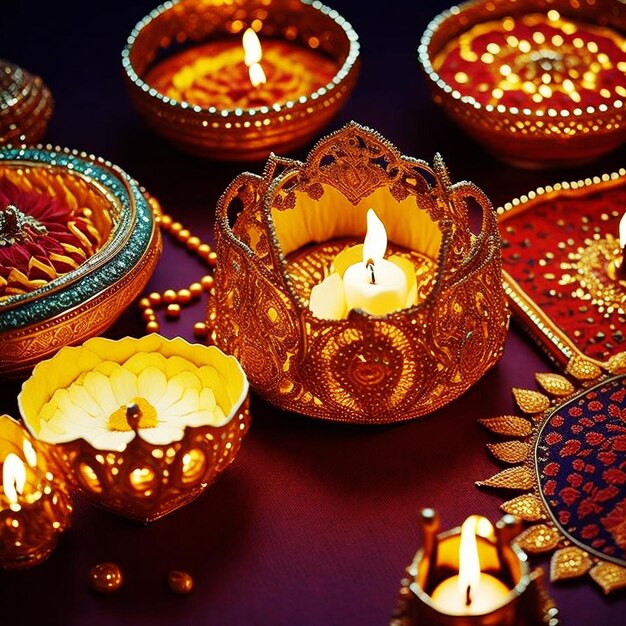 Happy Diwali Colorful diya lamps lit candles during the Diwali celebration