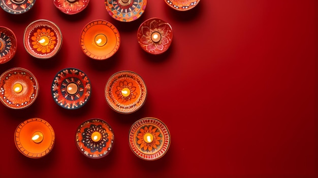 Happy Diwali Day Flat Lay Top View Colorful Clay Diye