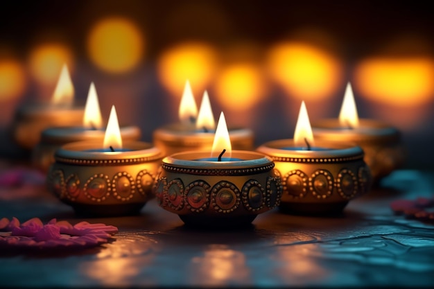 Happy diwali or deepavali traditional indian festival with clay diya oil lamp Indian hindu festival