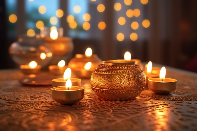 Happy diwali or deepavali traditional indian festival with clay diya oil lamp Indian hindu festival