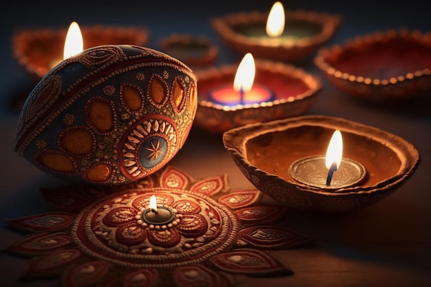 Happy diwali or deepavali traditional indian festival with clay diya oil lamp Indian hindu festival