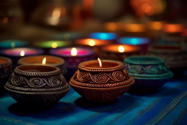 Happy diwali or deepavali traditional indian festival with clay diya oil lamp Indian hindu festival