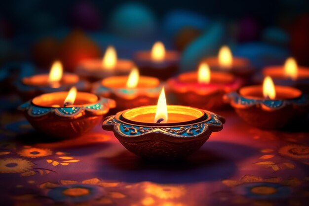 Happy diwali or deepavali traditional indian festival with clay diya oil lamp Indian hindu festival